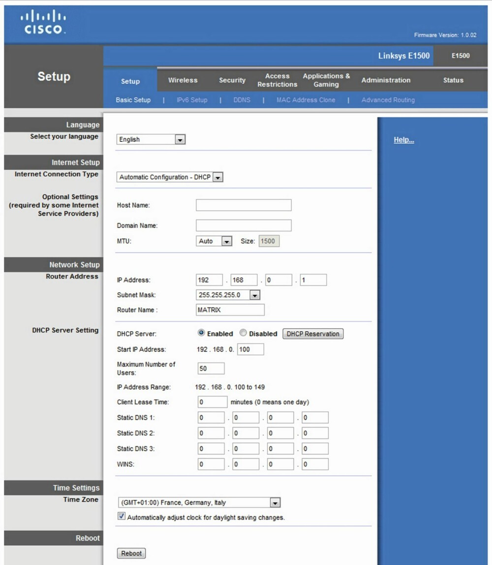 ADMINISTRER: Webgrensesnittet til Linksys E1500 er velkjent om du har hatt en Linksys-ruter tidligere. ADMINISTRER: Webgrensesnittet til Linksys E1500 er velkjent om du har hatt en Linksys-ruter tidligere.