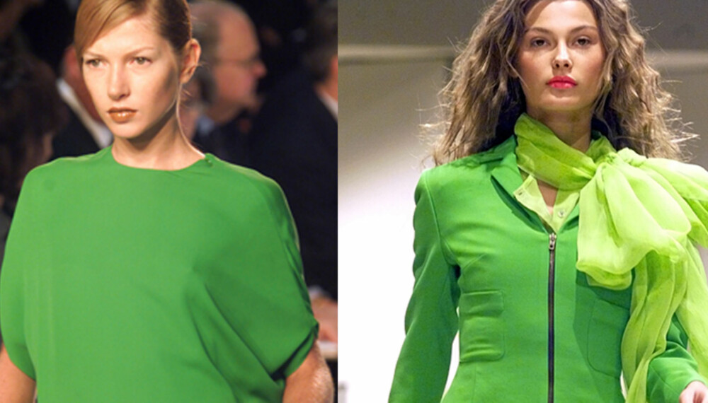 GRØNNE MODELLER: Både Yves Saint Laurent (t.v.) og Balmain fashion house valgte grønt på catwalken for sommeren. (Foto: Scanpix/AP)
