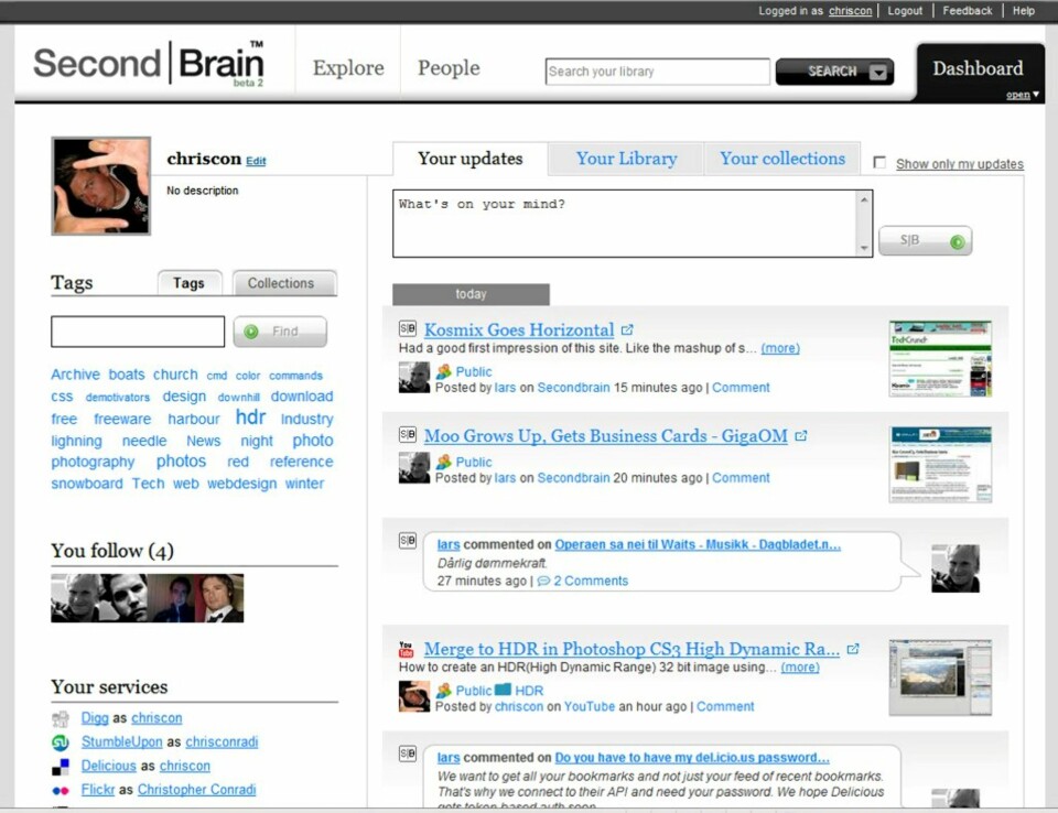 Dette er forsiden til SecondBrain. På venstresiden har man innhold, med tags og collections, mens på høyre er en live oppdatering av hva som er nytt på SecondBrain.