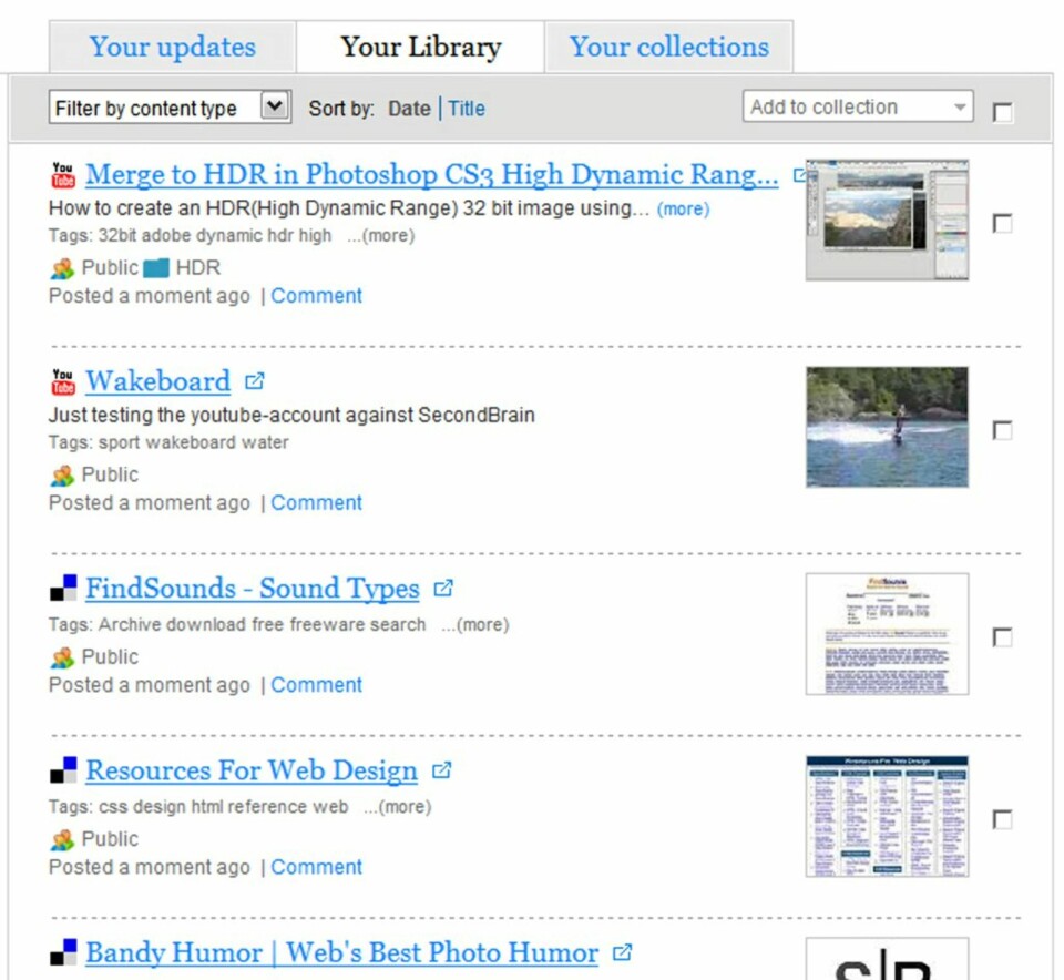 Her er et eksempel på mitt bibliotek. Biblioteket er en samling av alle ting som er linket inn i SecondBrain. Lyd, video, dokumenter, bilder, osv.