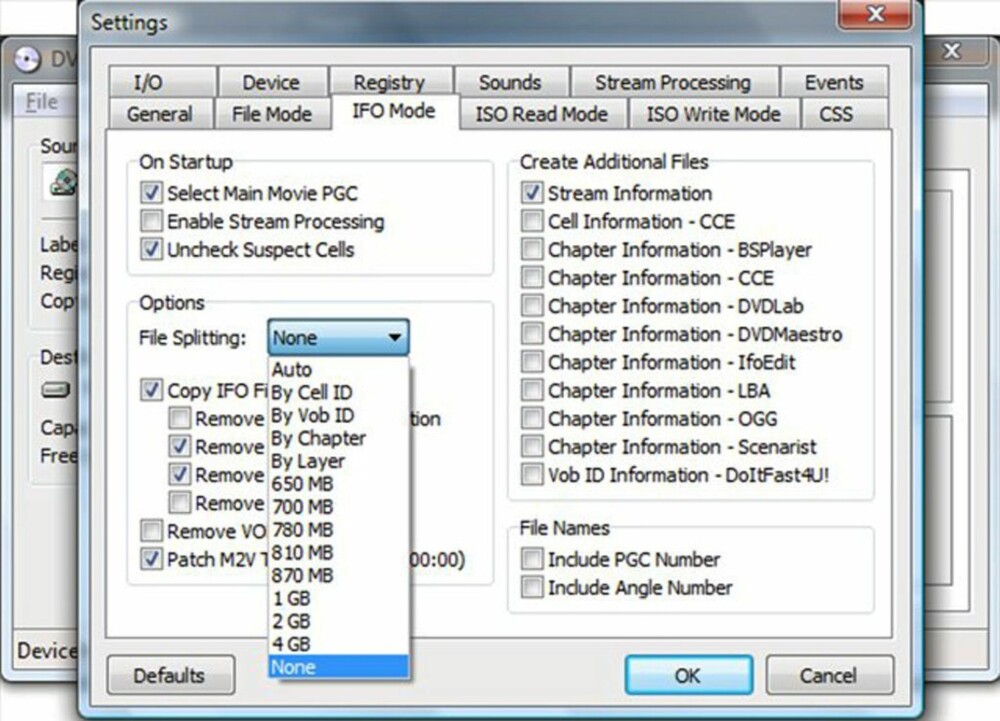 Steg 4: Velg Tools/Settings og velg fanen ""IFO Mode"", her setter du file splitting til ""None"". Trykk Ok