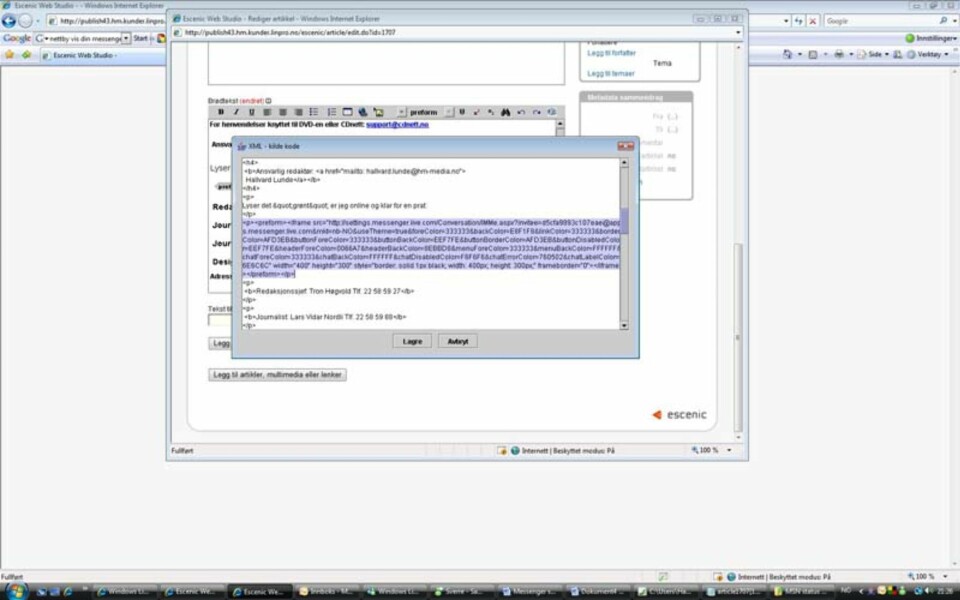 KODE: Slik ser det ut når vi limer HTML-koden inn i vårt publiseringssystem.