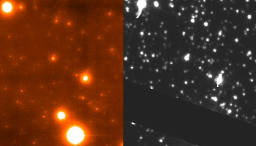 Bilde av stjernetåken M13 tatt med Lucky-systemet (til venstre) og Hubble (til høyre). Foto NASA/ESA/STScI/Cambridge/Caltech
