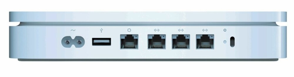 Fra venstre: «Strøm, USB, Internett/Wan, 3stk 1Gbit LAN og hull for Kensington-lås»