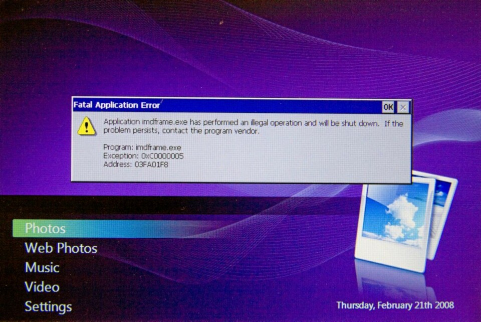 Samsung-rammen krasjet faktisk fullstendig en gang, og ga en kryptisk feilmelding.