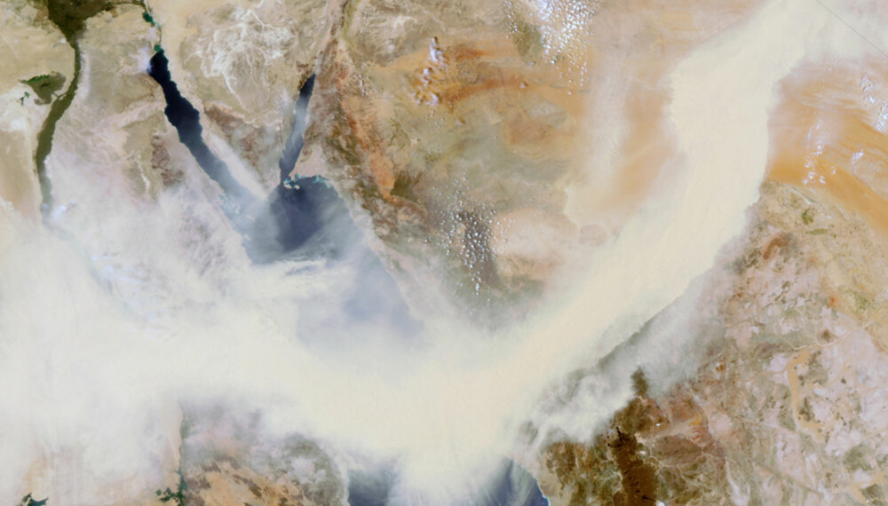 KRYSSER KONTINENTER: Her har NASAs Aqua-satellitt fotografert en støvstorm som krysser Egypt og beveger seg inn i Saudi-Arabia. Over Rødehavet og store landområder ligger et gult bånd av støv.
Foto: Jacques Descloitres/NASA