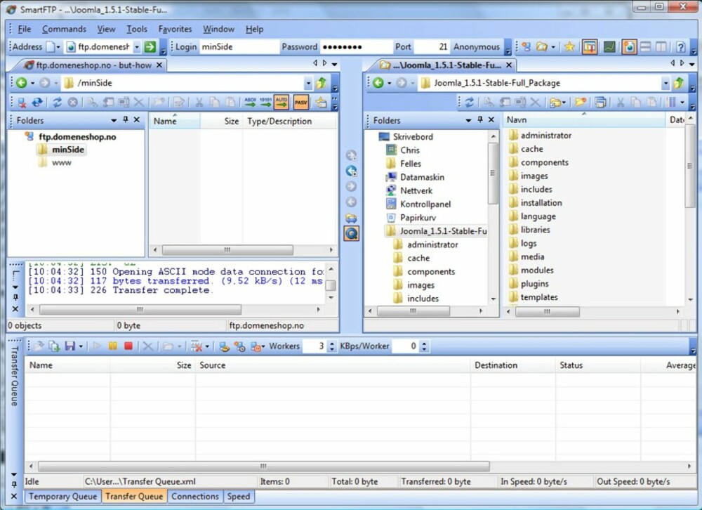 Skritt 1: Last ned Joomla!-filene fra www.joomla.org. Last ned den nyeste versjonen. I skrivende stund er det versjon 1.5.2 (Joomla_1.5.2-Stable-Full_Package.zip heter filen). Pakk ut filen fra zip-filen. Last så opp filene til din webserver. Her er det brukt FTP-programmet Smart FTP for å laste opp filene. Skritt 1: Last ned Joomla!-filene fra www.joomla.org. Last ned den nyeste versjonen. I skrivende stund er det versjon 1.5.2 (Joomla_1.5.2-Stable-Full_Package.zip heter filen). Pakk ut filen fra zip-filen. Last så opp filene til din webserver. Her er det brukt FTP-programmet Smart FTP for å laste opp filene.