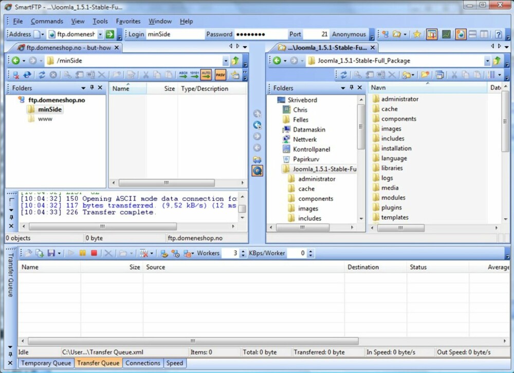 Skritt 1: Last ned Joomla!-filene fra www.joomla.org. Last ned den nyeste versjonen. I skrivende stund er det versjon 1.5.2 (Joomla_1.5.2-Stable-Full_Package.zip heter filen). Pakk ut filen fra zip-filen. Last så opp filene til din webserver. Her er det brukt FTP-programmet Smart FTP for å laste opp filene.