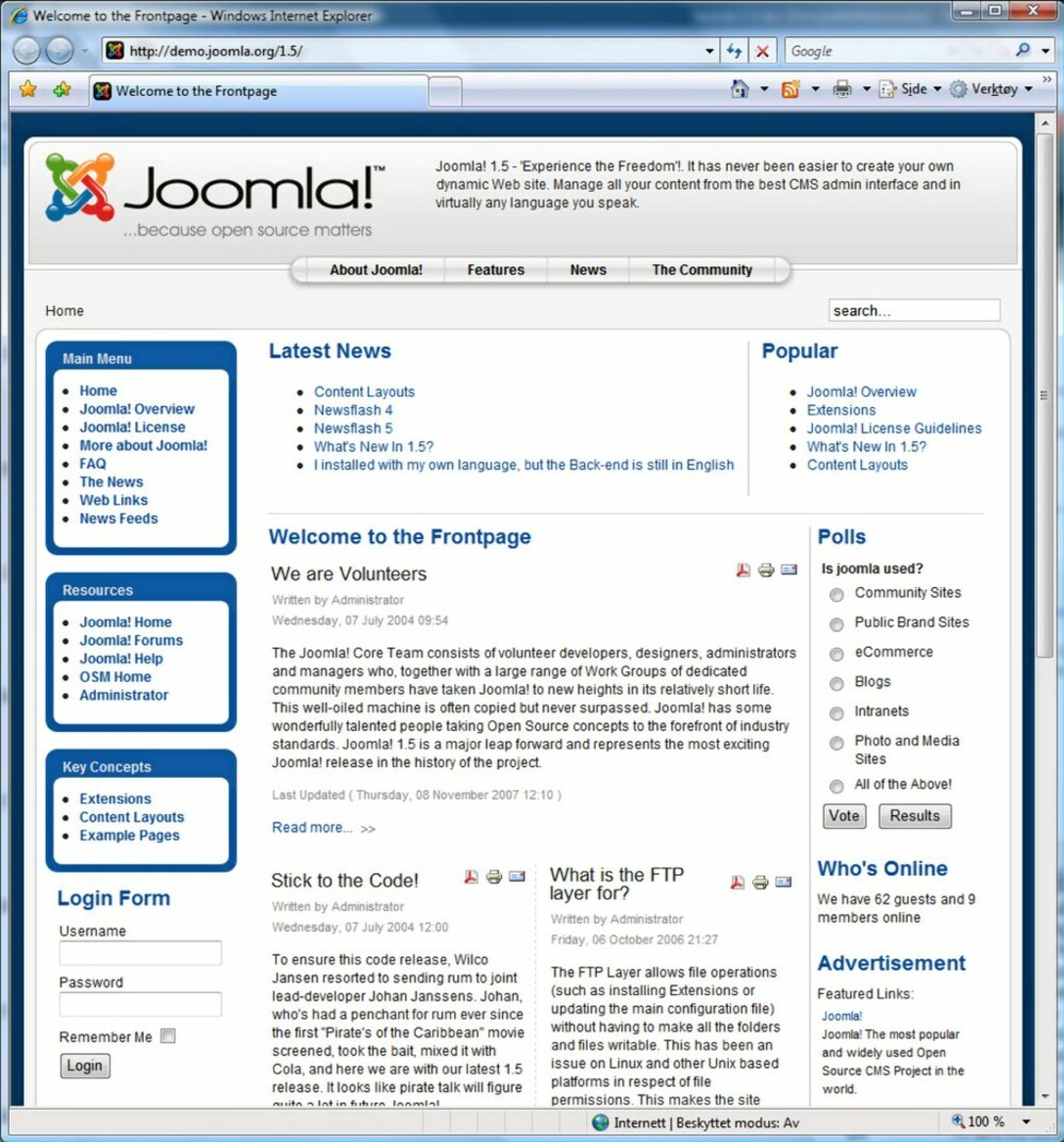 Skritt 3: Når du er ferdig, sletter du mappen ""Installation"" fra serveren, og siden er klar til bruk. Standardutseendet er som her. Man har noen testartikler, noen kategorier, noen menyer, brukerinnlogging og en spørreundersøkelse. Alt dette er modulbasert og kan fjernes og legges til igjen ved behov.