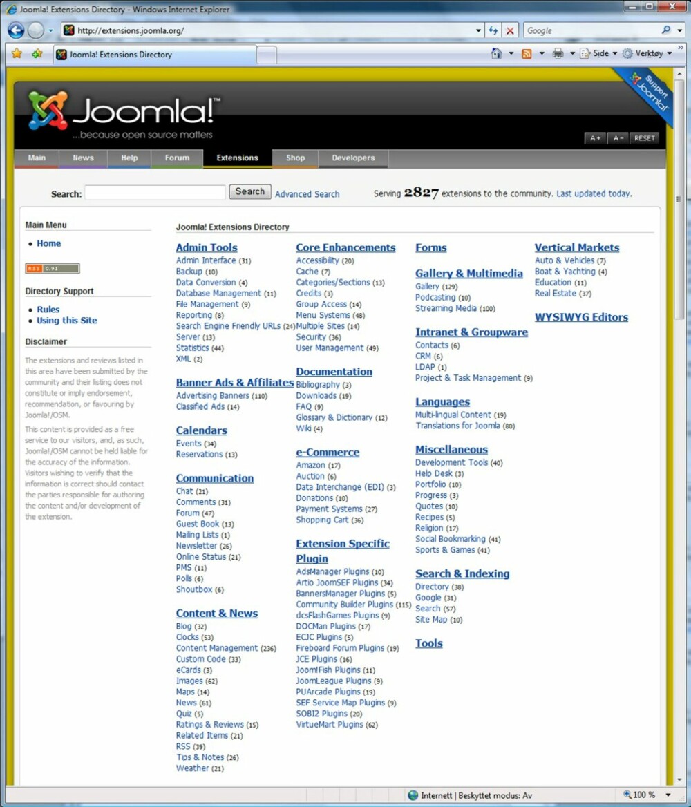 Extentions: Dette er en skjermdump fra www.joomla.org for å vise hvor mange extentions det er mulig å få tak i. De kommer i alle former og farger og kan dekke de aller, aller fleste behov.