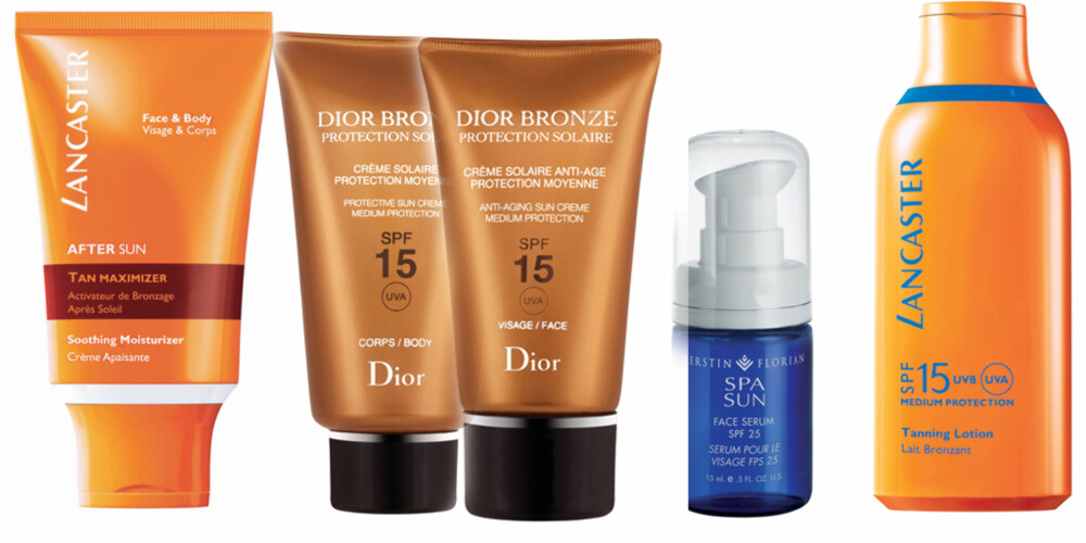 Fra venstre: Lancaster After Sun Tan Maximizer, forsterker og akselererer brunfargen. Kr 270,-, Dior Bronze Protective Sun Creme spf 15 (kr 250,-) og Anti-aging sun crème spf 15 (kr 250,-), Kerstin Florian Face Serum spf 25, inneholder Vitamin E, en av naturens kraftigste antioksidant, som beskytter mot for tidlig aldring. Kr 308,- og Lancaster Sun Care Tanning Lotion spf 15. Kr 240,-.