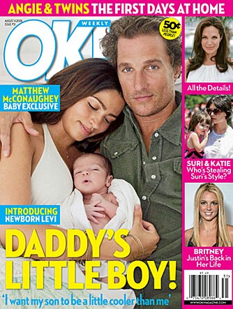 DET FØRSTE BILDET: Matthew McConaughey og Camilla Alves viste fram sin to uker gamle sønn i OK Magazine i slutten av juli.