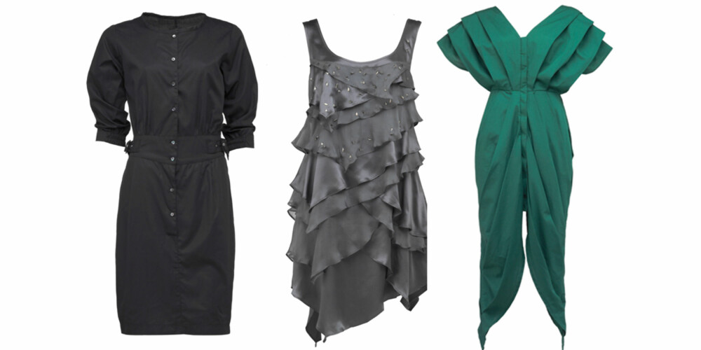 Svart skjortekjole fra Mads Nørgaard, kr 999, grå kjole med rysjer og volanger fra Maggie Wonka, kr 3499 og grønn skulpturell kjole fra G Oslo, kr 3500.