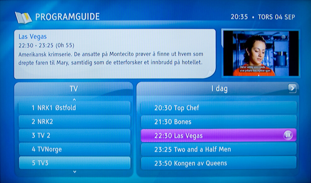 EPG: Programguiden fungerer greit, men gir ikke den store oversikten over TV-kvelden på alle kanaler. EPG: Programguiden fungerer greit, men gir ikke den store oversikten over TV-kvelden på alle kanaler.