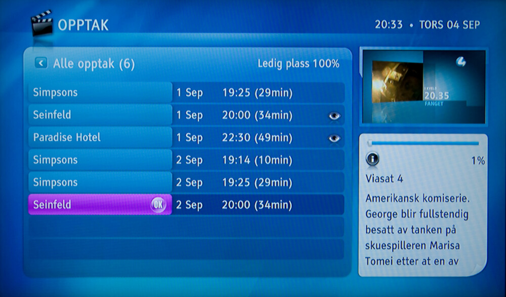 AUTOMATISK: Når du blar nedover i listen av opptak, starter opptakene av seg selv. Vi opplevde også at den ikke alltid husket hvor mye vi hadde sett av programmet.