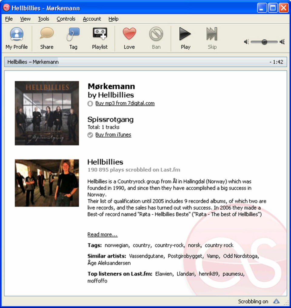 NORSK MUSIKK: Last.fm oppdaget med en gang at det var Hellbillies vi spilte av i Winamp.