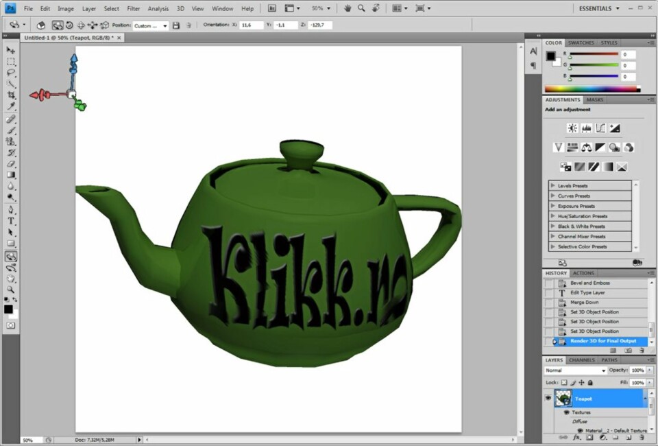 Med Adobe Photoshop CS4 Extended kan du også jobbe med teksturen på 3D-objekter direkte, for eksempel legge en tekst på overflaten.