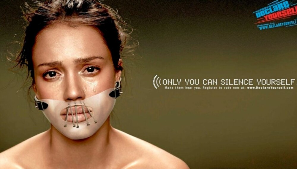 Jesica Alba røst er forstummet.i kampanjen «Only you can silence yourself».