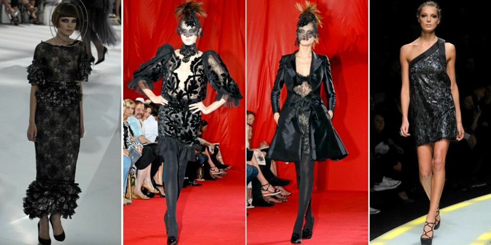 PÅ CATWALKEN: Chanel, Christian Lacroix og Versace viste alle frem antrekk med svarte blonder.