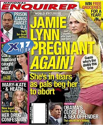 OPPSLAG: National Enquirer setter ut ryktene om at Jamie Lynn Spears er gravid igjen.