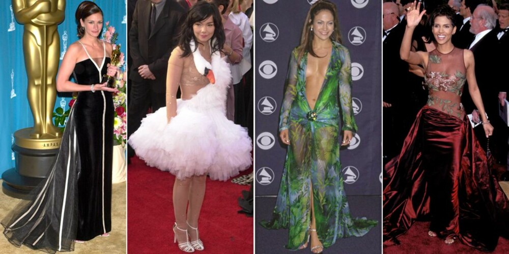 IKONISKE KJOLER: Julia Roberts Vaslentino-kjole, Björks svanekjole, Jennifer Lopez' Versace-kjole og Halle Berrys Elie Saab-kjole