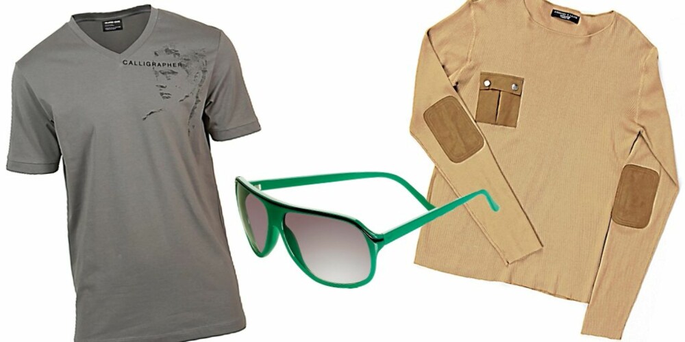 FRA VENSTRE: T-skjorte fra Selected (kr 399), briller fra H&M (kr 59,59), beige longsleeve med skinn på albuene fra Andersen & Lauth (kr 1899)