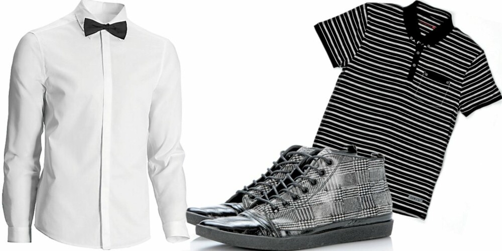 FRA VENSTRE: Hvit skjorte med sløyfe fra H&M (kr 298), rutete sneakers fra Vagabond (kr 749), svart og hvit piqué t-skjorte fra Levis (kr 599)