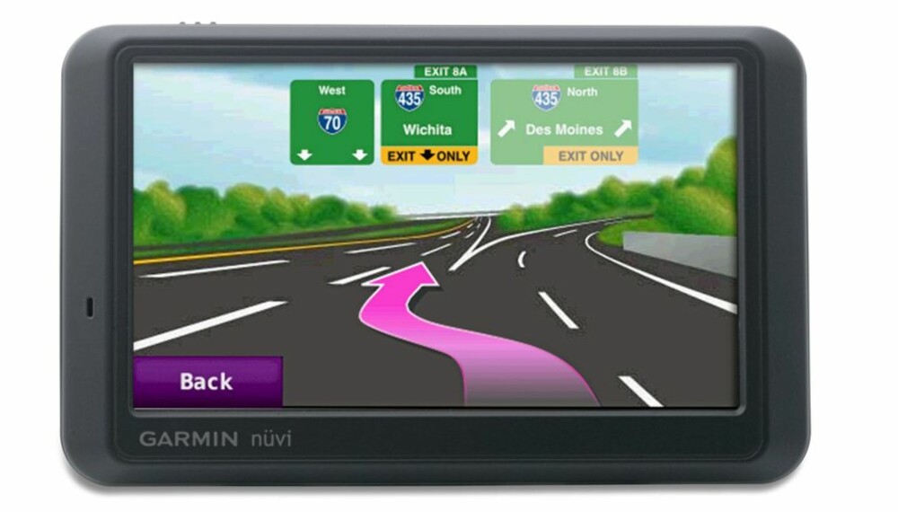 NYTT I HØST: Markedslederne TomTom og Garmin lanserte i  høst GPS-er med det nye varslingssystemet Destia Trafficinnebygd. Her en illustrasjon av skjermbildet i Garmin 765T.