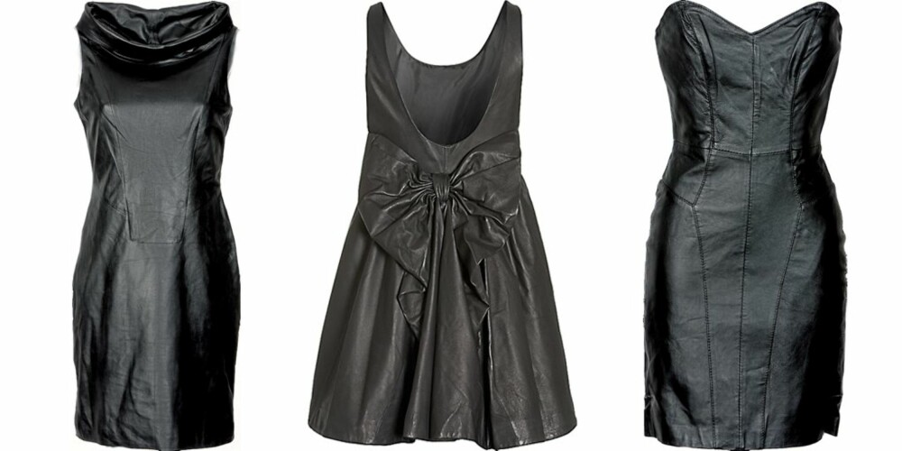 FRA VENSTRE: Kjole i skinn med høy hals fra Helmut Lang hos Tatler (kr 7499), kjole i skinn fra H&M (kr 598), kjole i skinn med spenne i
ryggen fra Modstrøm (kr 1999)