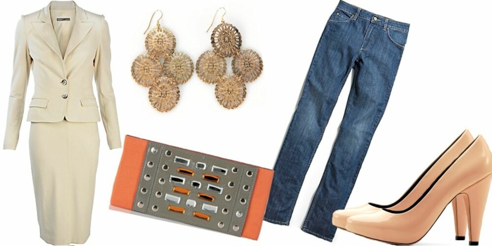 FRA VENSTRE: Hvit drakt fra Mango, jakke (kr 699) og skjørt (kr 499), belte med strikk fra By Marlene Birger (kr 999), øredobber fra Koma (kr 599), jeans fra Selected (kr 899), beige pumps fra Mango (kr 799) FRA VENSTRE: Hvit drakt fra Mango, jakke (kr 699) og skjørt (kr 499), belte med strikk fra By Marlene Birger (kr 999), øredobber fra Koma (kr 599), jeans fra Selected (kr 899), beige pumps fra Mango (kr 799)