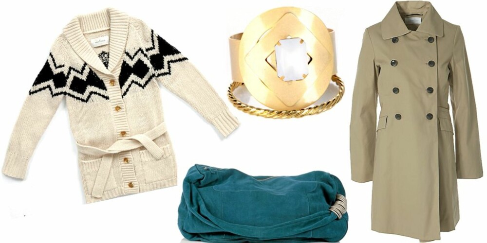 FRA VENSTRE: Grovstrikket ulljakke fra By Marlene Birger hos Den Dama (kr 2599), blå veske i semsket skinn fra Warehouse (kr 1159), armbånd med sten fra Oasis (kr 250), trenchkåpe fra Selected (kr 1599) FRA VENSTRE: Grovstrikket ulljakke fra By Marlene Birger hos Den Dama (kr 2599), blå veske i semsket skinn fra Warehouse (kr 1159), armbånd med sten fra Oasis (kr 250), trenchkåpe fra Selected (kr 1599)