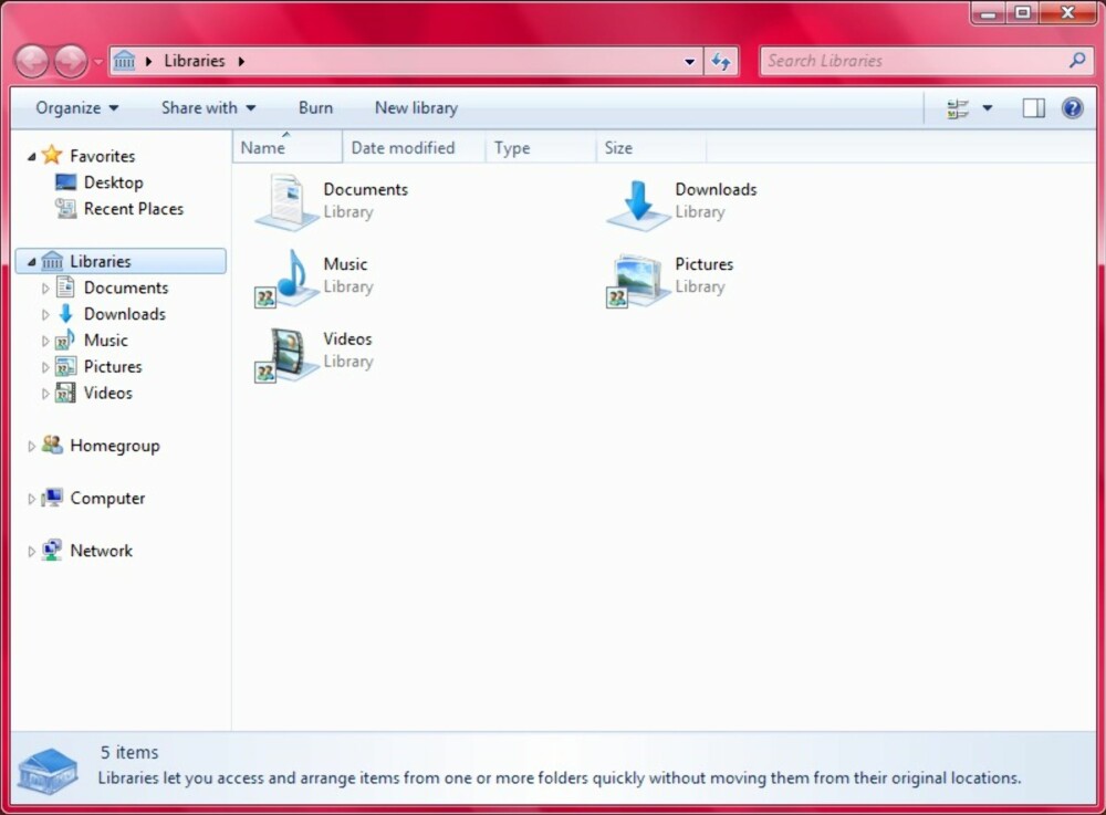 BIBLIOTEK: Personlige filer i Windows 7 finnes i biblioteket.