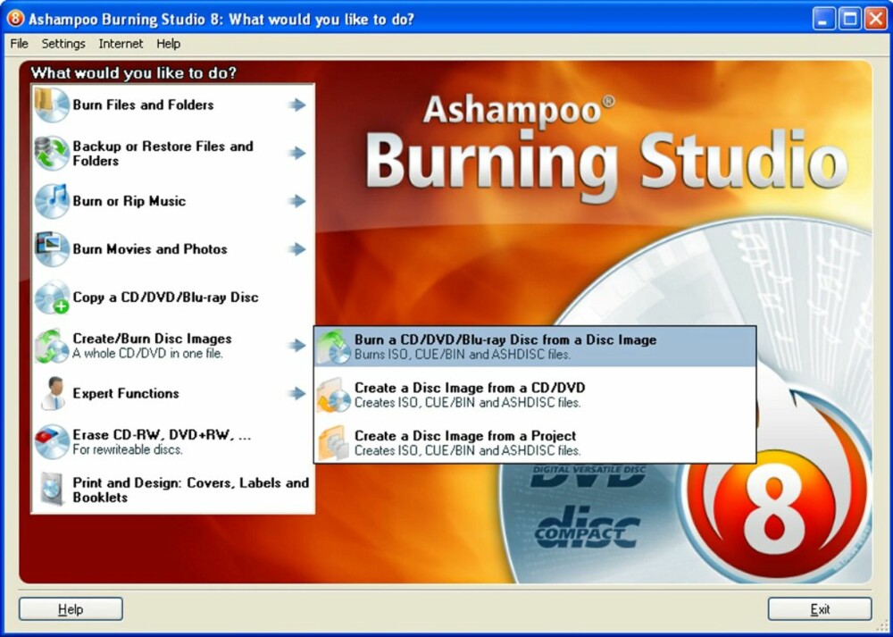 IMAGE-FIL: Brenneprogrammet til Ashampoo kan brenne image-filer til CD.