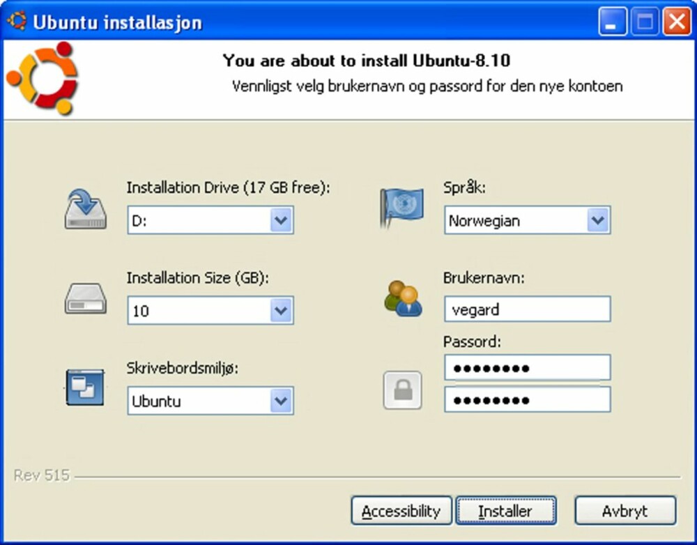 ALTERNATIVER: Velg hvor du vil installere Ubuntu. At menyen er delvis norsk og delvis engelsk, får du bare ignorere.
