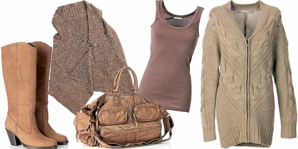FRA VENSTRE: Brune boots fra Shoo hos Companys (kr 2000), ullvest fra Koma (kr 800), veske i mykt buffaloskinn fra Sissirossi hos Ma (kr 6900), lang singlet fra By Marlene Birger hos Den Dama (kr 399), strikket jakke med glidelås fra Tiger hos Companys (kr 1500)