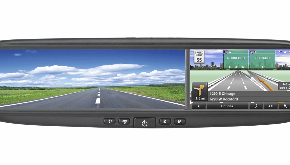 NAVIGASJONSSPEIL: Azentek har laget et bilspeil med innebygd GPS fra Navigon, som også kan være håndfrienhet til mobilen.