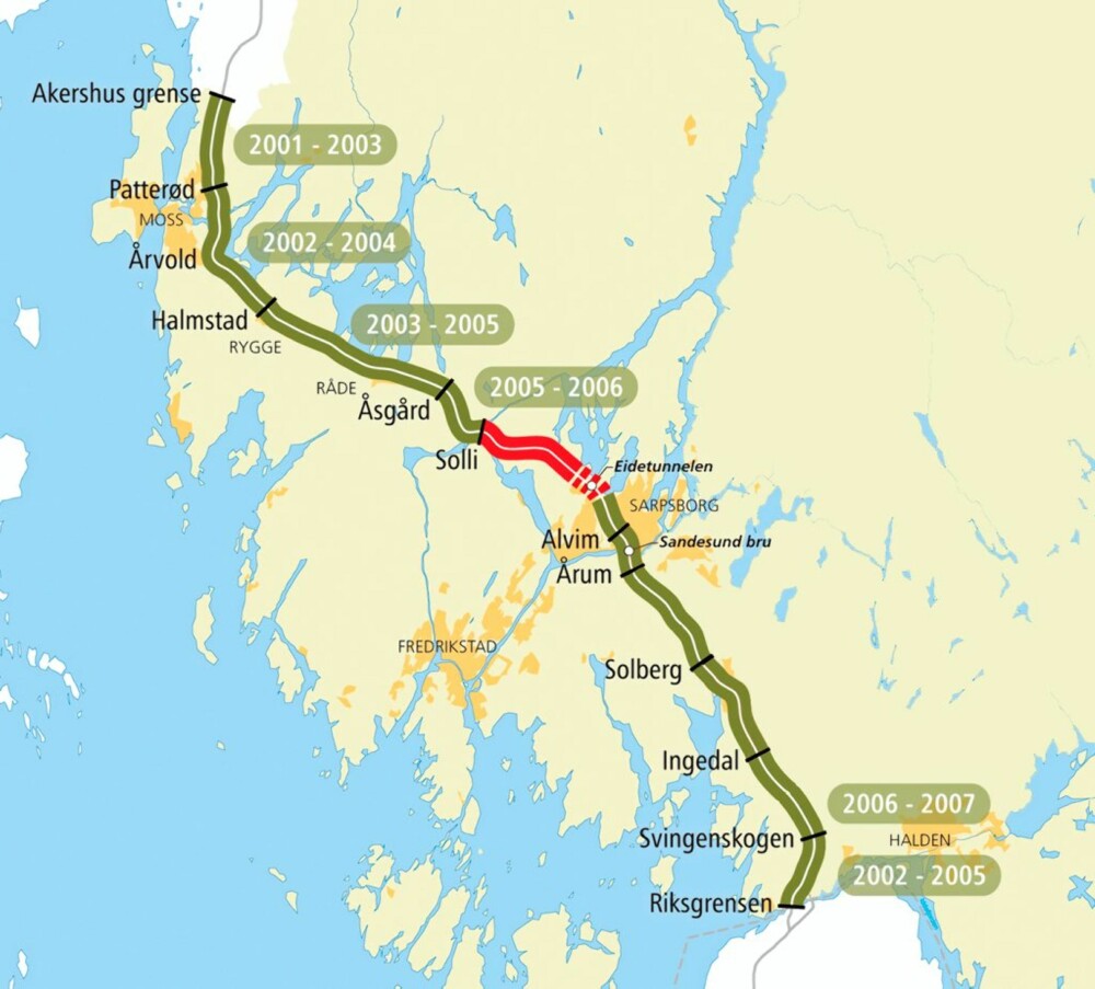 KART: Her er hele E18-strekningen gjennom Østfold. Feltet markert med rødt, i området rundt Eidet-tunnelen, åpner natt til 27. november. Den grønne delen er ferdig.