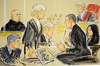 I VITNEBOKSEN: Her er den norske Audun Carlsen illustrert i vitneboksen i rettssaken mot Boy George (til venstre)