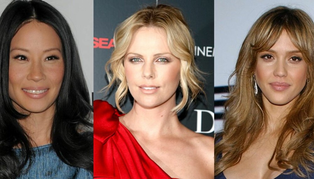 FINT HÅR: Stjerner med midtskill. Lucy Liu, Charlize Theron og Jessica Alba pynter seg med midtskill.