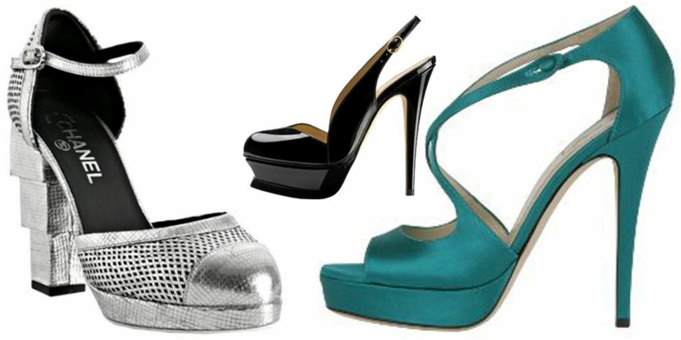 MED SPANDERSKOENE PÅ: Sølvsko fra Chanel, kr 4900 på Bluefly.com. Turkise sandaler fra YSL, kr 4900 på Ysl.com. Svar lakk med slingback, kr 4660 på Ysl.com