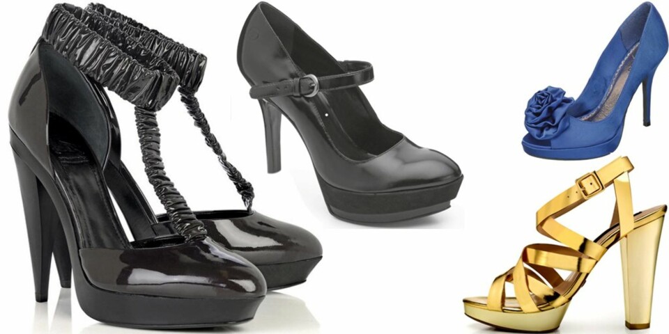 HØYT PÅ STRÅ: Fra venstre, Svart lakk fra Burberry Prorsum, kr 3820 på Net-a-porter.com. Svart med reim over ankel, kr 998 fra Bronx. Blå pumps med rose, kr 500 fra Bianco. Gullsandal fra Mango, kr 899.