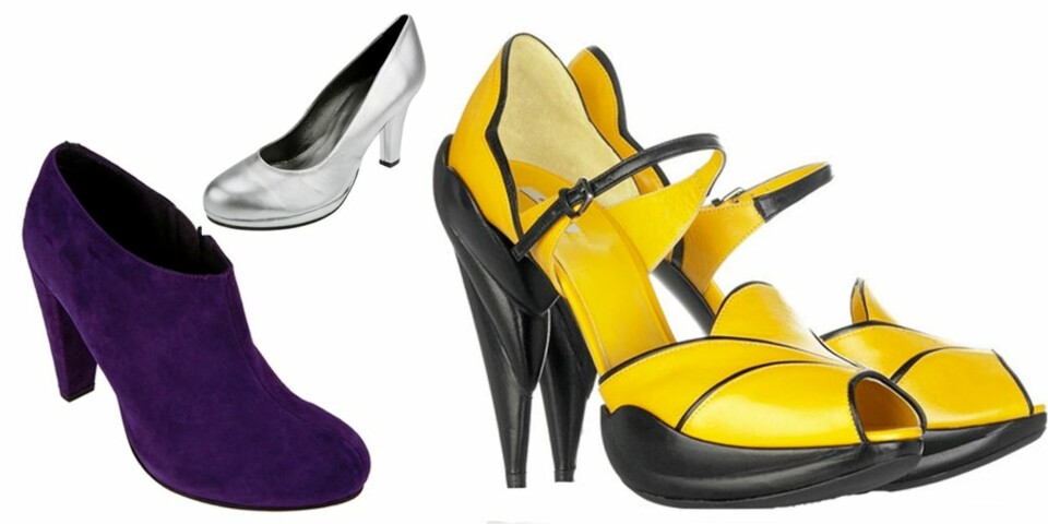 I METALL OG FARGER: Lilla semsket sko fra Lille Vinkel, kr 1098. Sølvsko fra Lille Vinkel, kr 798. Knallgule sko fra Miu Miu, kr 4600 på Net-a-Porter.com.