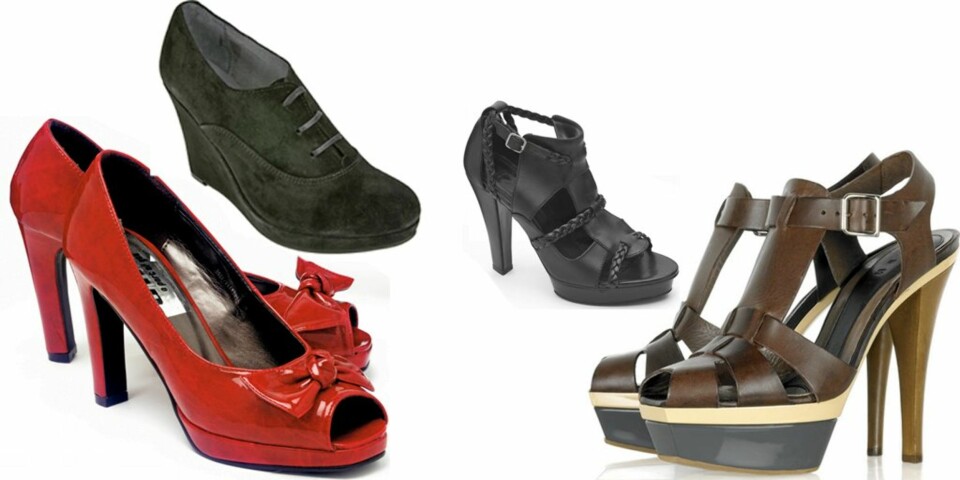 TIL VÆRS: Røde lakksko fra DNA, kr 499. Svart semsket fra Lille Vinkel, kr 898. Svart med reimer fra Zara, kr 799. Brune plattformsko fra Marni, kr 4300 hos Net-a-porter.com