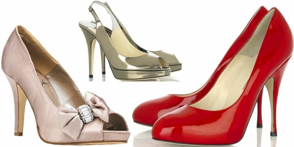 FIN TIL FEST: Lys rosa satinsko fra Bianco, kr 500. Gullsko med peeptoe fra Jimmy Choo hos Net-a-porter.com, kr 4400. Røde sko i lakk fra Brian Atwood hos Net-a-porter.com, kr 3440.