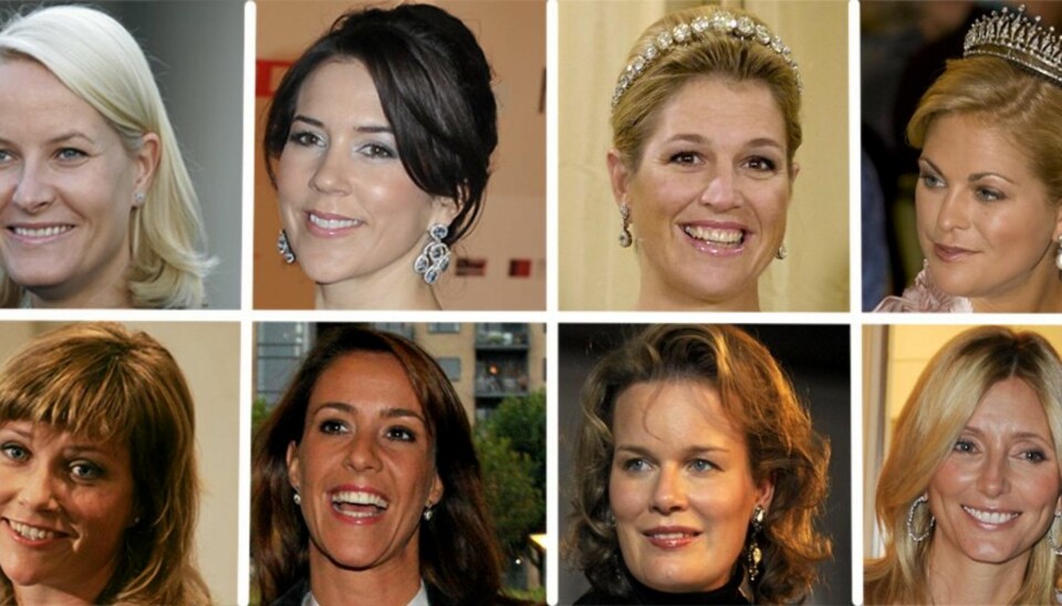 M-PRINSESSER: (O.f.v.) Kronprinsesse Mette-Marit (N), kronprinsesse Mary (DK), prinsesse Máxima (NL), prinsesse Madeleine (S). (N.f.v.) Prinsesse Märtha (N), prinsesse Marie (DK), prinsesse Mathilde (B) og kronprinsesse Marie-Chantal (GR).
