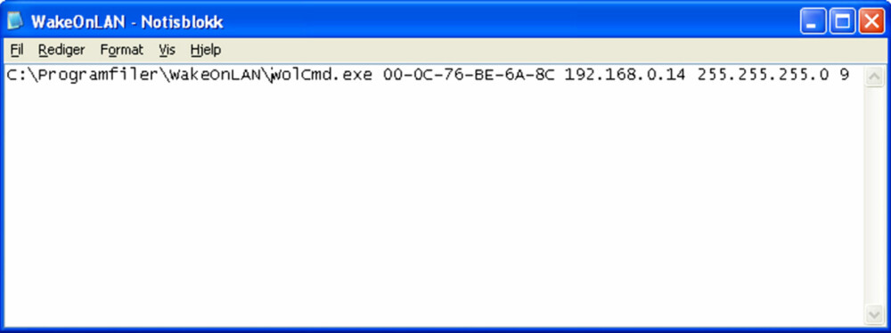 BATCHFIL: Med det lille programmet WolCmd.exe kan du vekke opp PC-er på denne måten. Først kommer banen til programmet, deretter MAC-adresse, IP-adresse, subnet mask og til slutt portnummer.