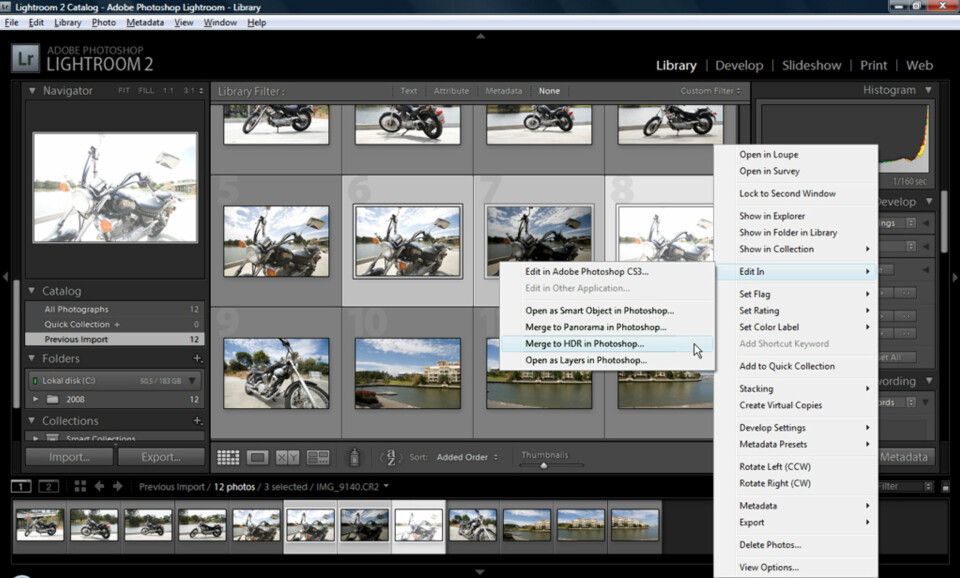 SØMLØS INTEGRERING: Man har tilgang til vanlige Photoshop-oppgaver direkte fra Lightroom. Lag HDR eller Panoramabilder med bare noen få klikk.
