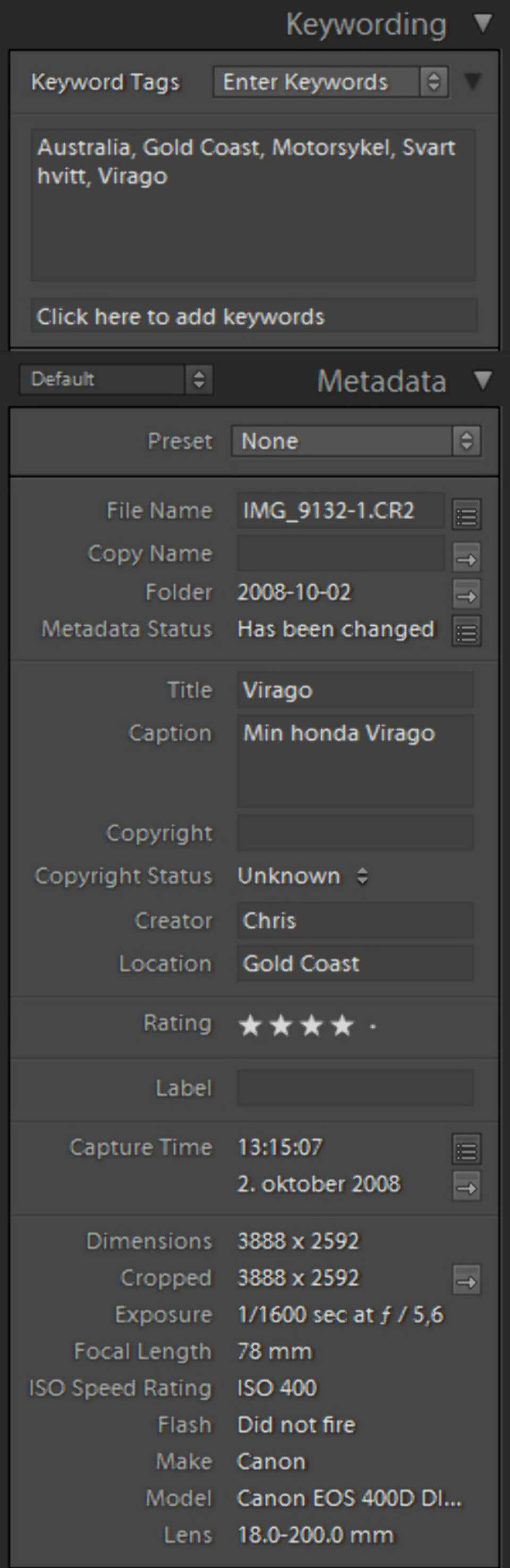 METADATA: Denne informasjonen har Lightroom mulighet til å legge til bildet. Alt fra tagger til EXIF-informasjon fra kamera.