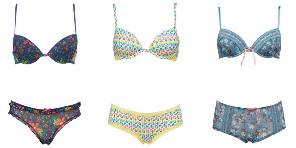 Piff opp hverdagen med fargerikt undertøy. Fra venstre: Småblomstrete sett fra Lindex, bh kr 129 og truse kr 59,50. Blomstrete sett fra La Senza, bh kr 279 og truse kr 119. Gammeldags sett med silkebånd fra Lindex, bh kr 149 og truse kr 69,50.