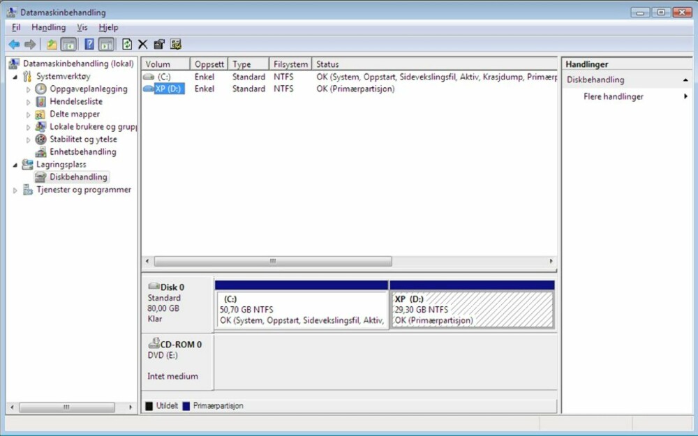 KLAR PARTISJON: XP-partisjonen er formatert med NTFS filsystem, tilordnet stasjonsbokstav D og gitt navnet «XP».